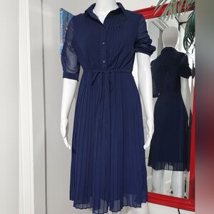 Pleated Navy Midi Shirt Dress - Elegant Women's Navy Dress